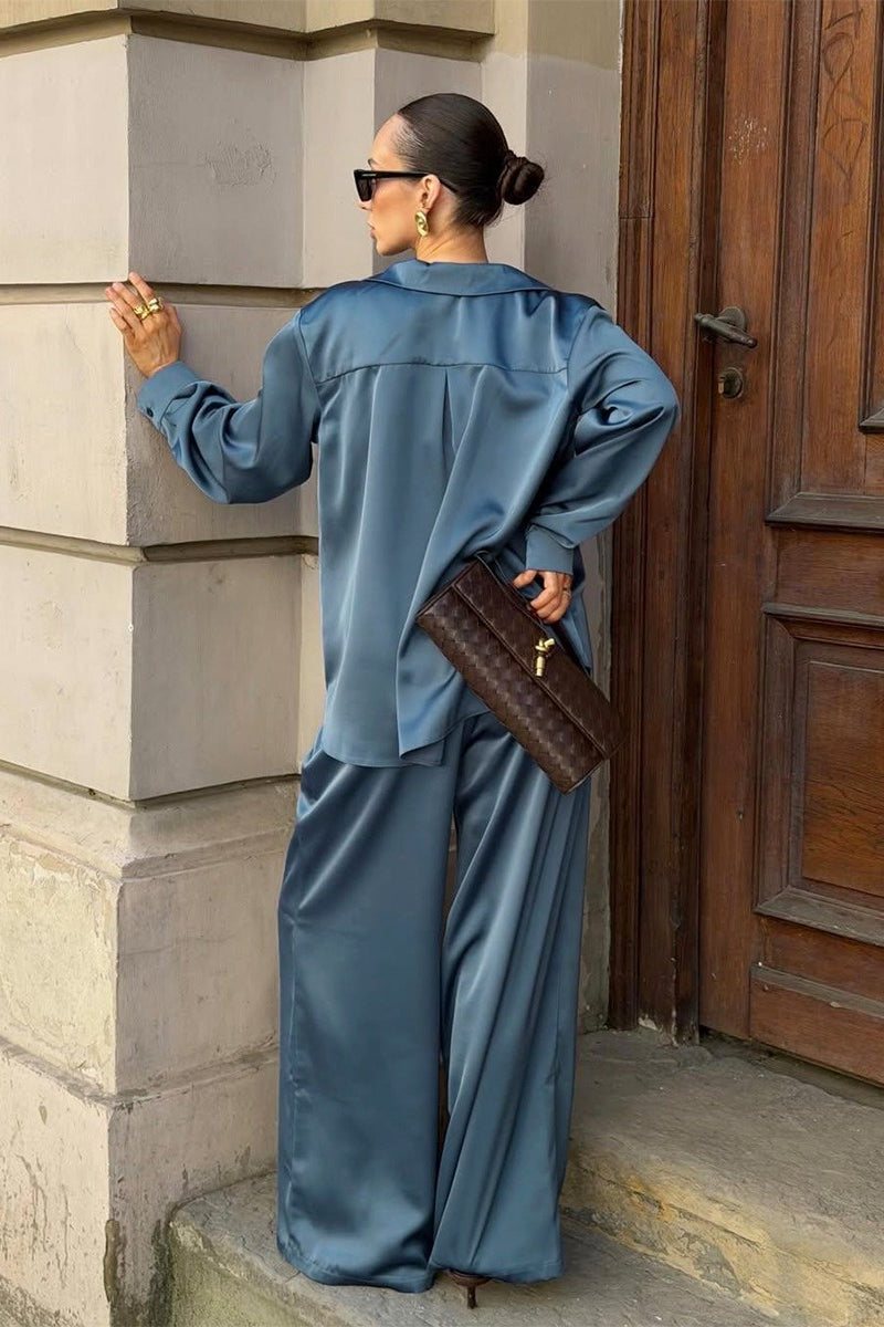 Full view of a relaxed satin lounge set styled as a coordinated outfit