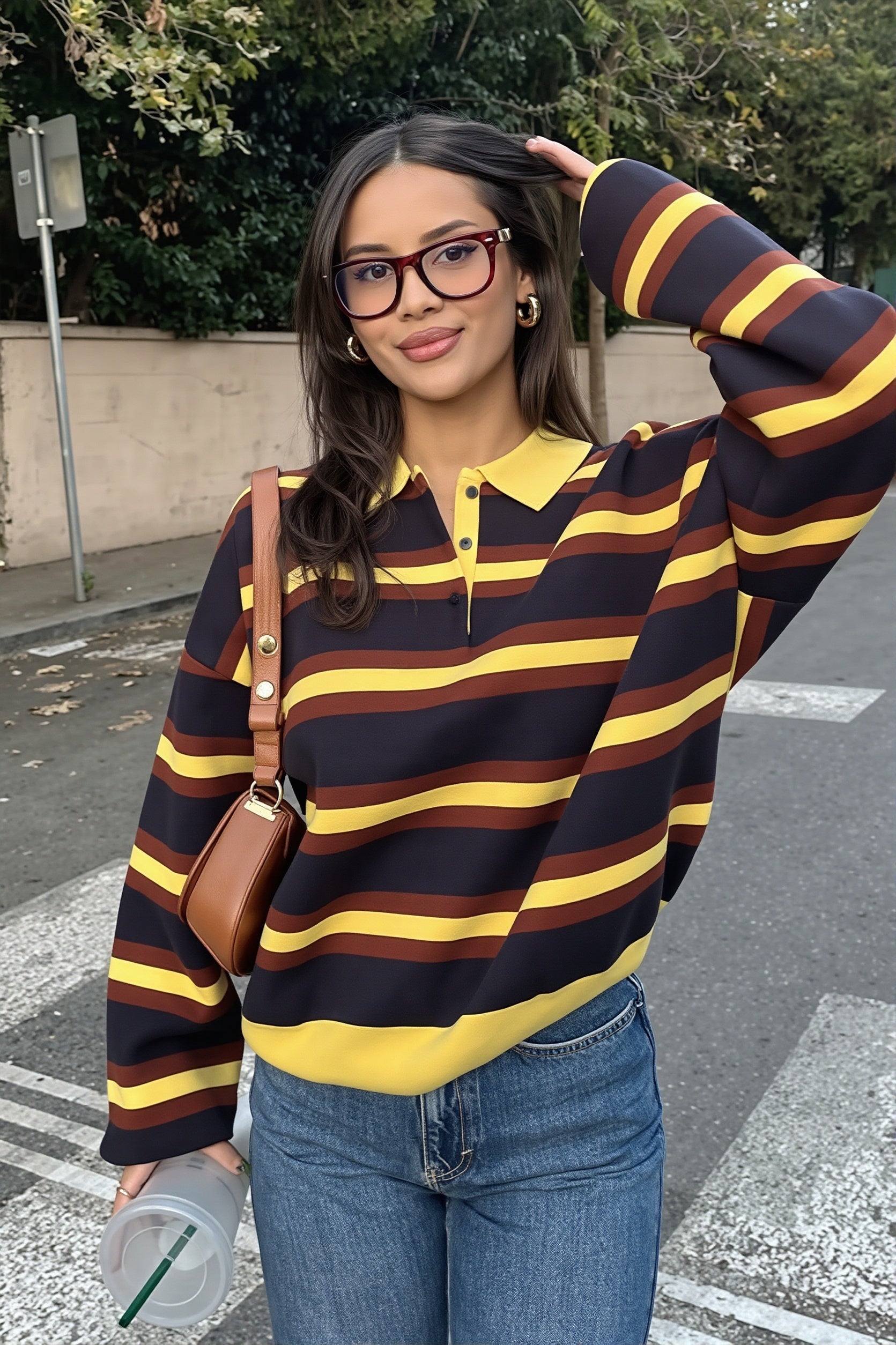 Striped polo collar sweater shown from the front