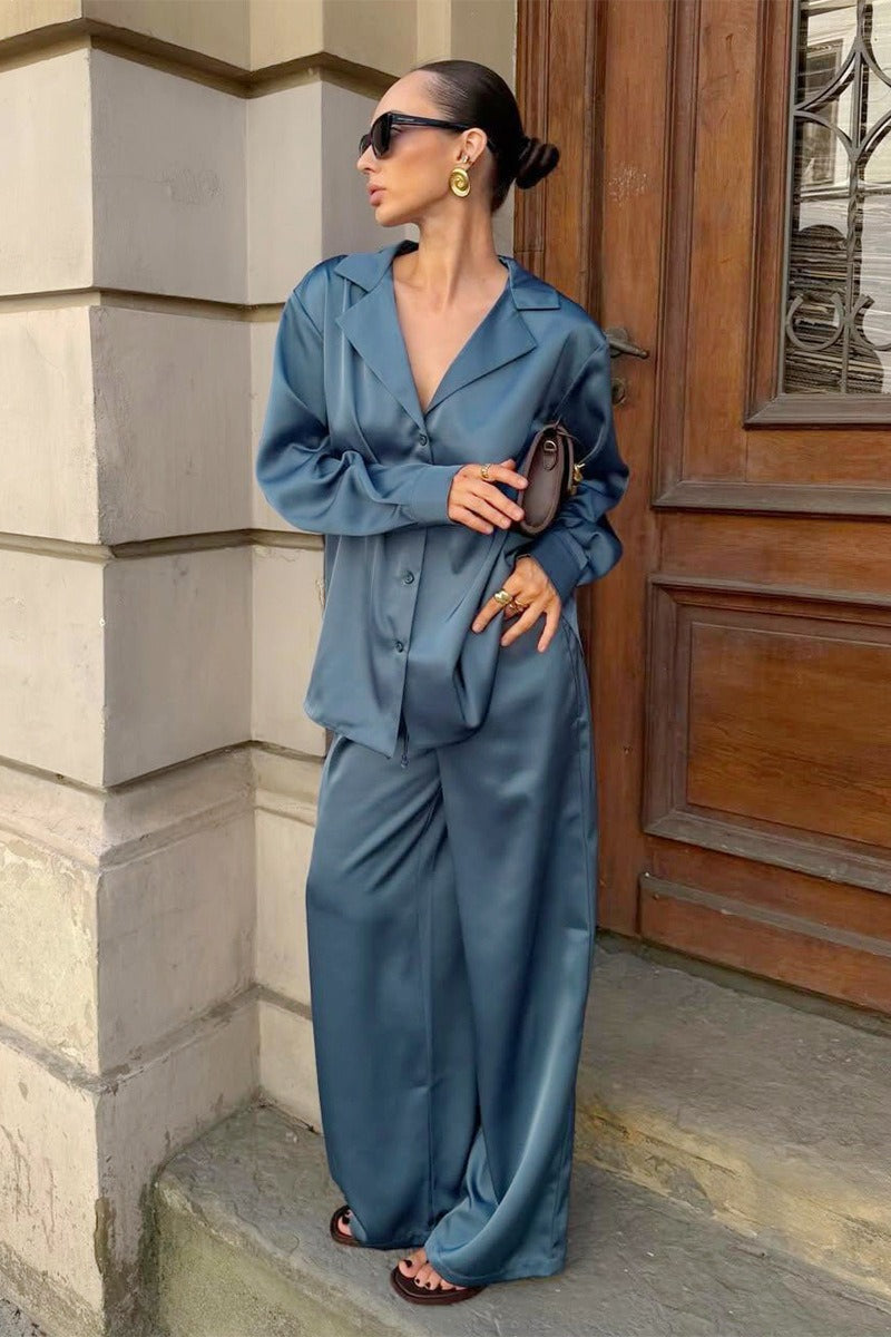 Women's Satin Lounge Set With Wide Leg Pants