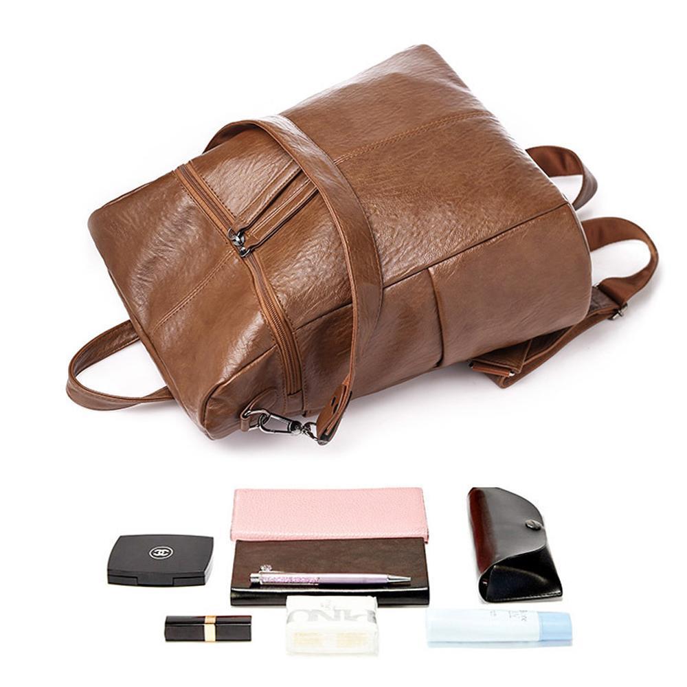 Close-up of the leather backpack exterior and durable hardware