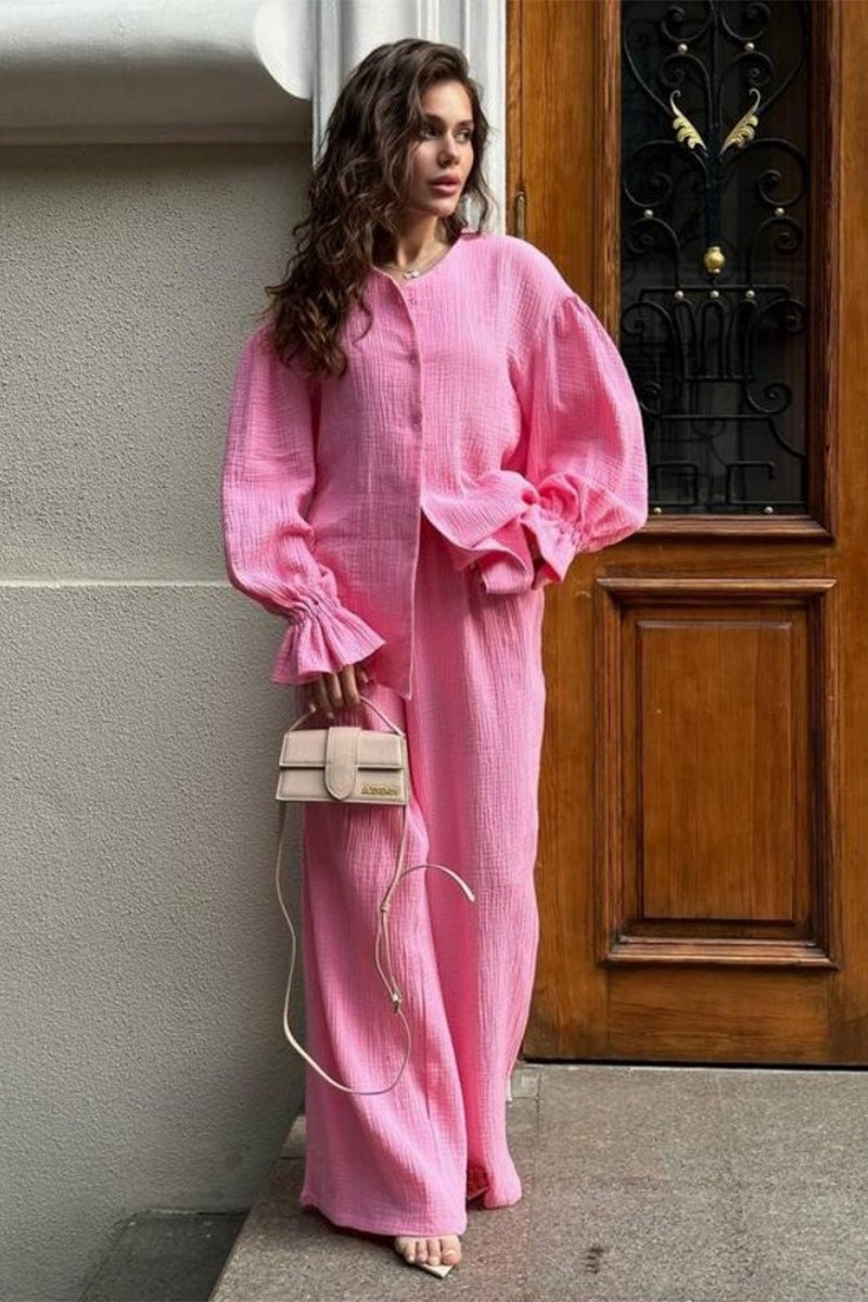 Front view of a women's cotton cardigan with balloon sleeves and wide-leg pants