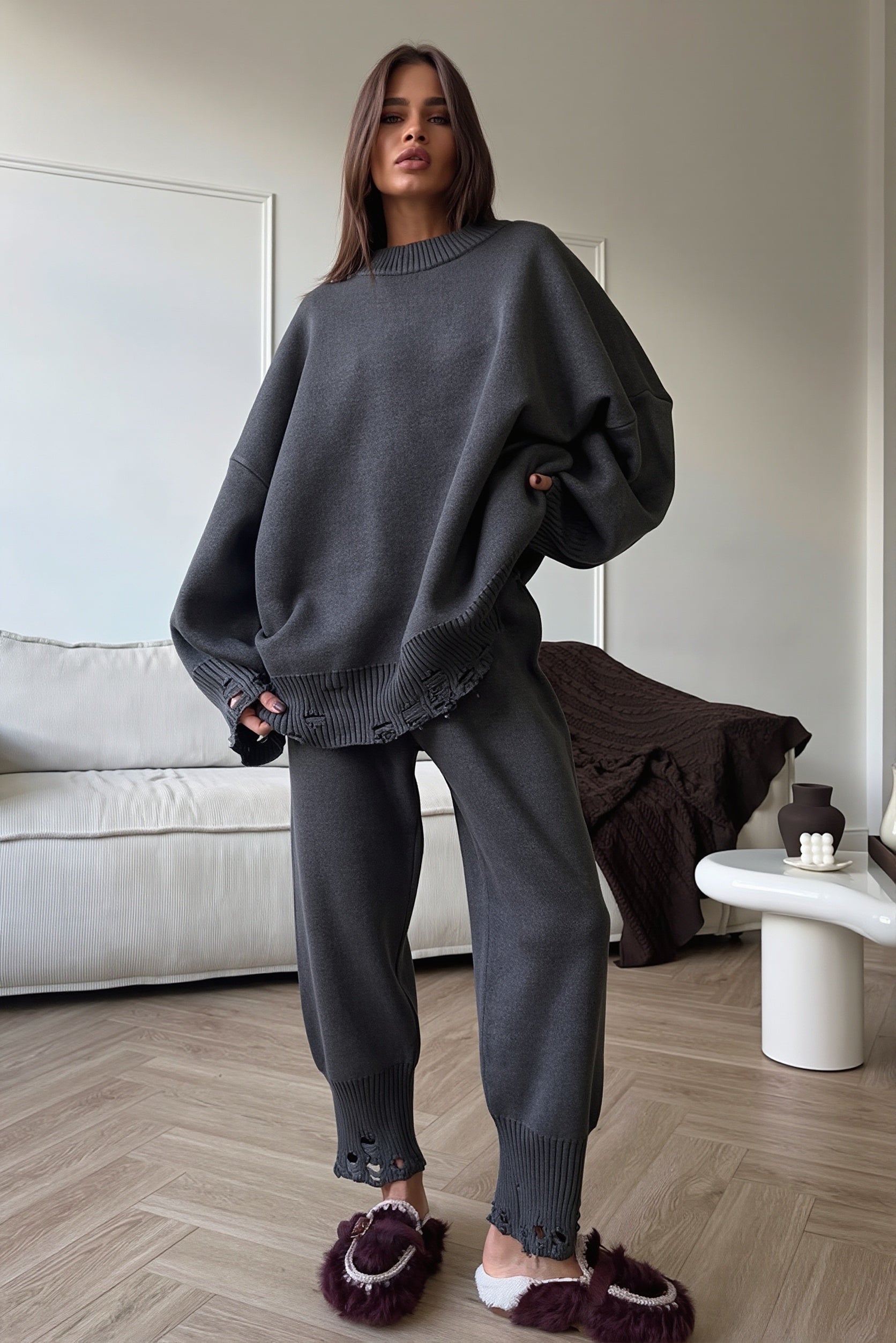 Two-piece knit jogger outfit styled for casual everyday wear