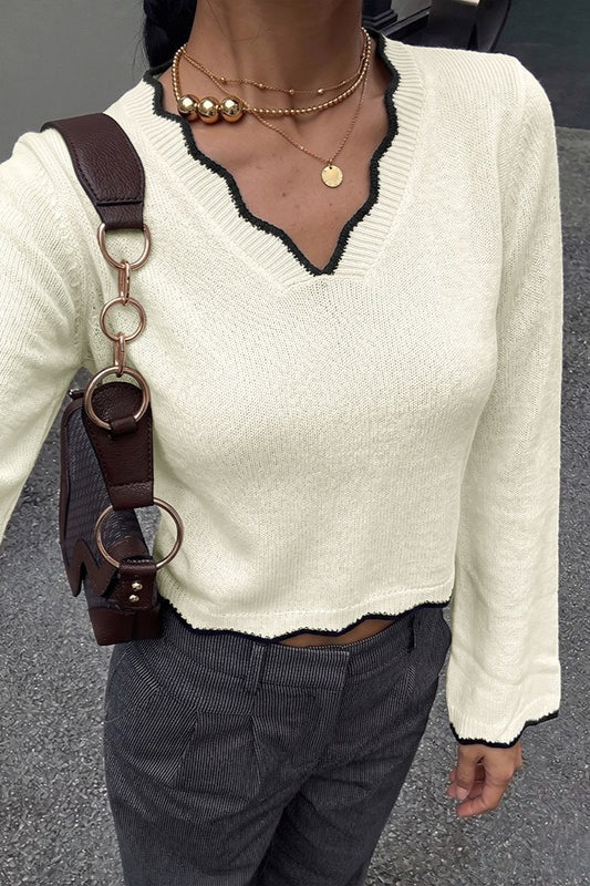 Contrast V-neck cropped sweater displayed from the front