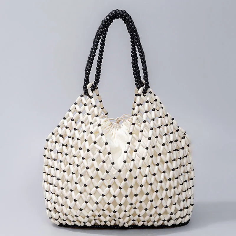 Handmade Woven Beaded Wooden Shoulder Beach Bag for Women