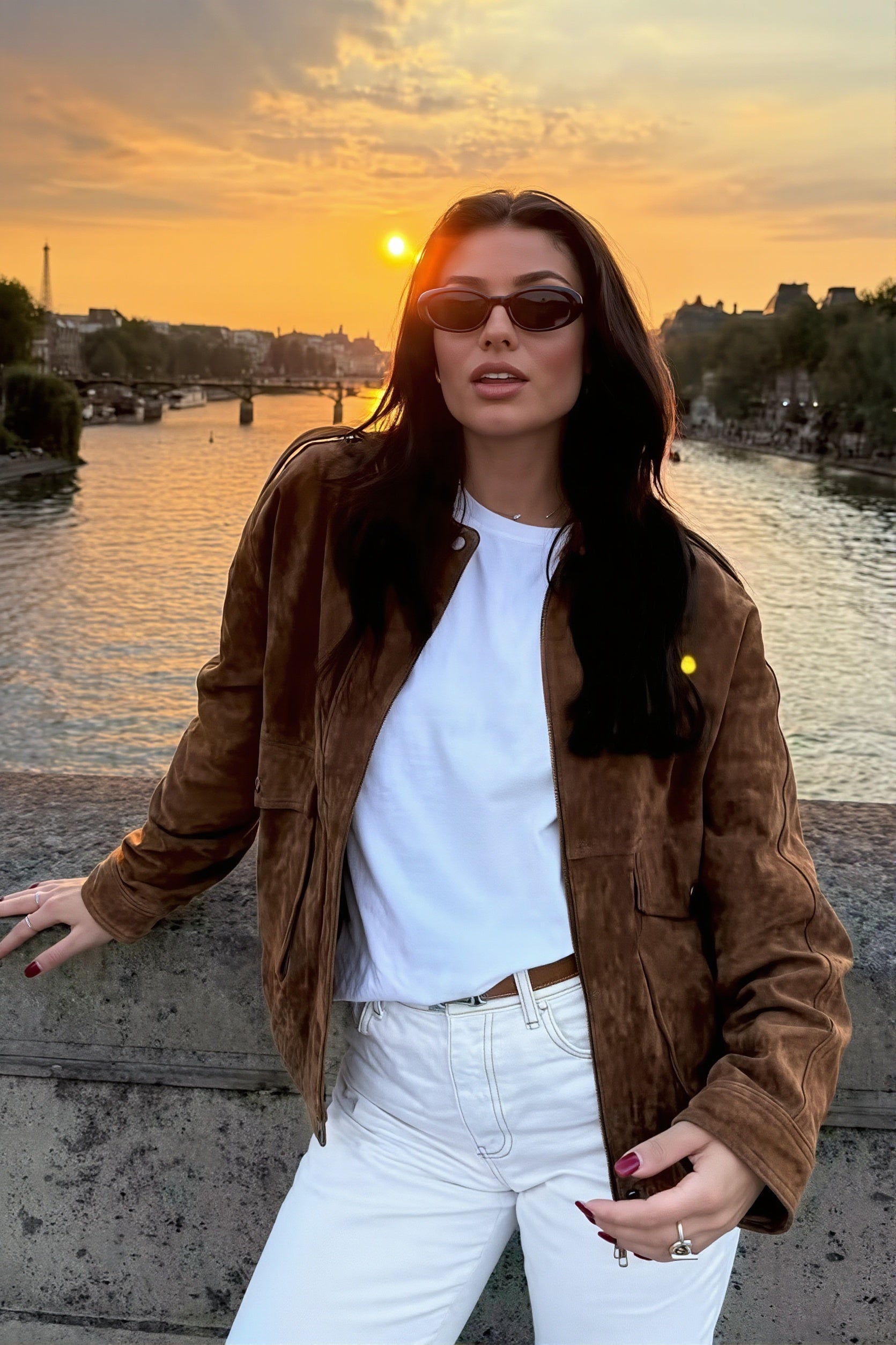 Suede-look pocket bomber jacket styled for an everyday outfit