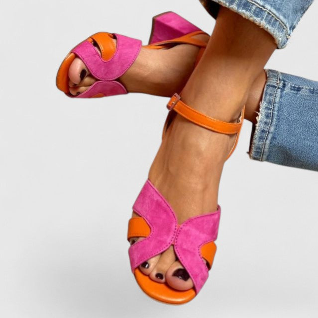 Close-up of the block heel and open-toe sandal design