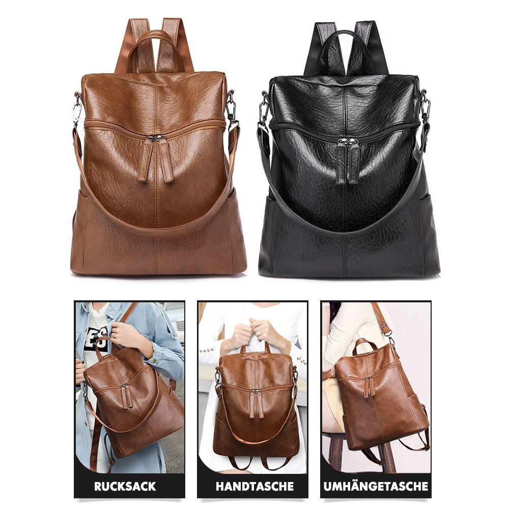 Side view of a leather backpack showing its practical profile
