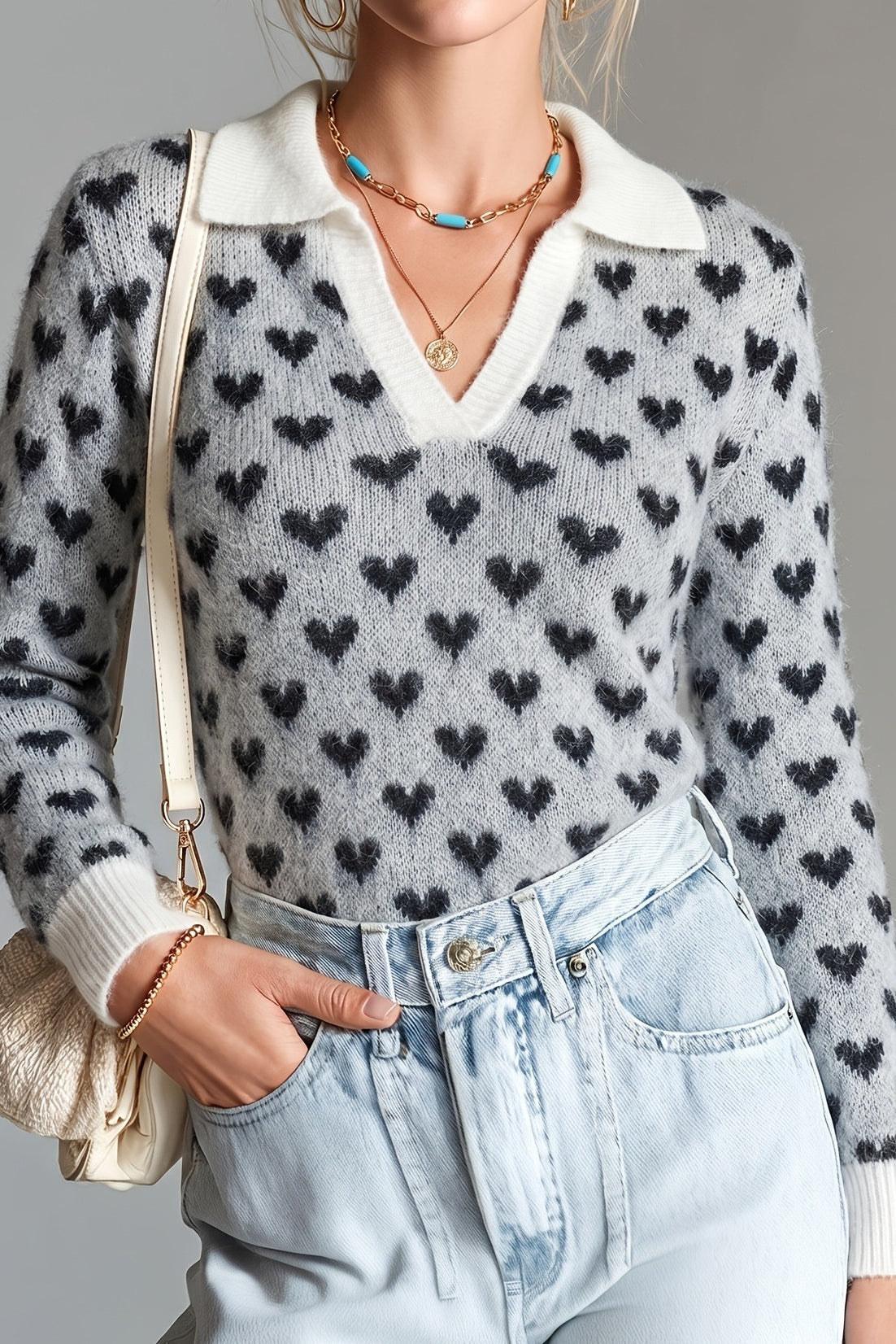 Full view of a heart jacquard sweater for layered styling