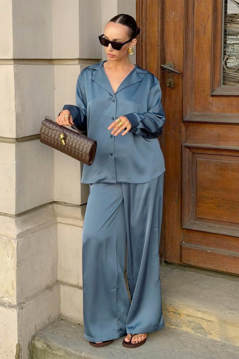 Wide-leg satin pants paired with a matching women's lounge shirt