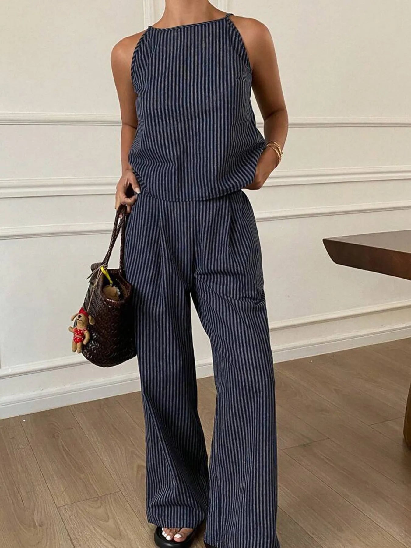 Striped Tank Top and Wide-Leg Pants Set