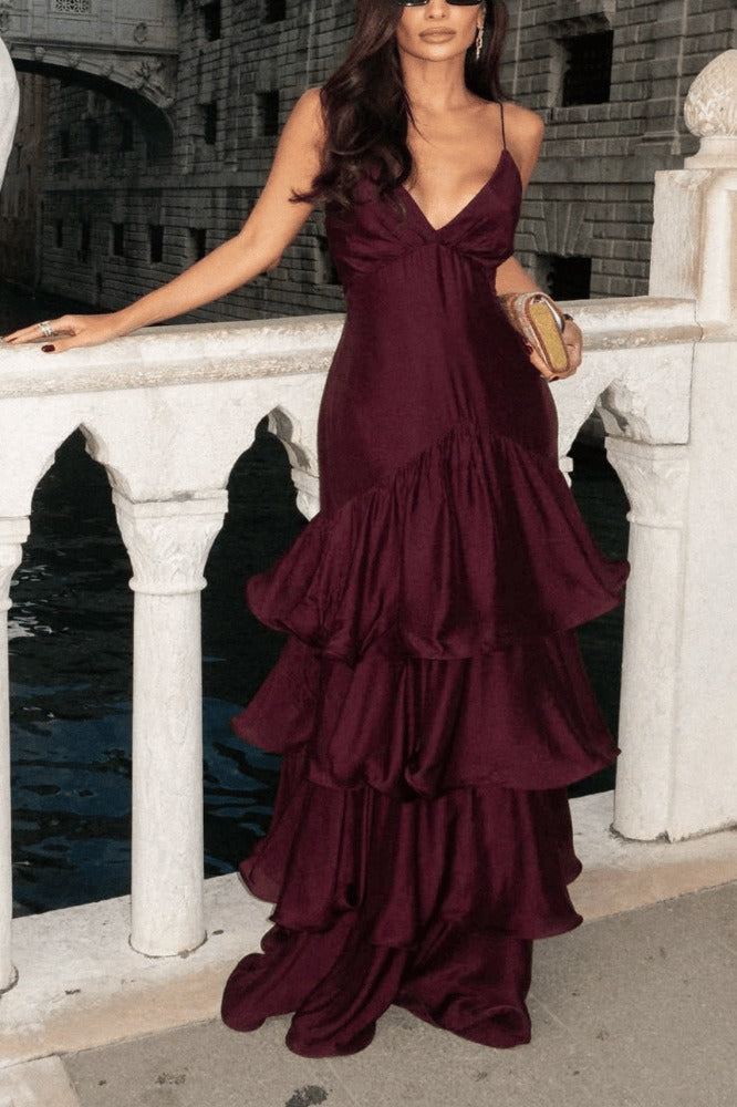 Burgundy Deep V-Neck Maxi Dress