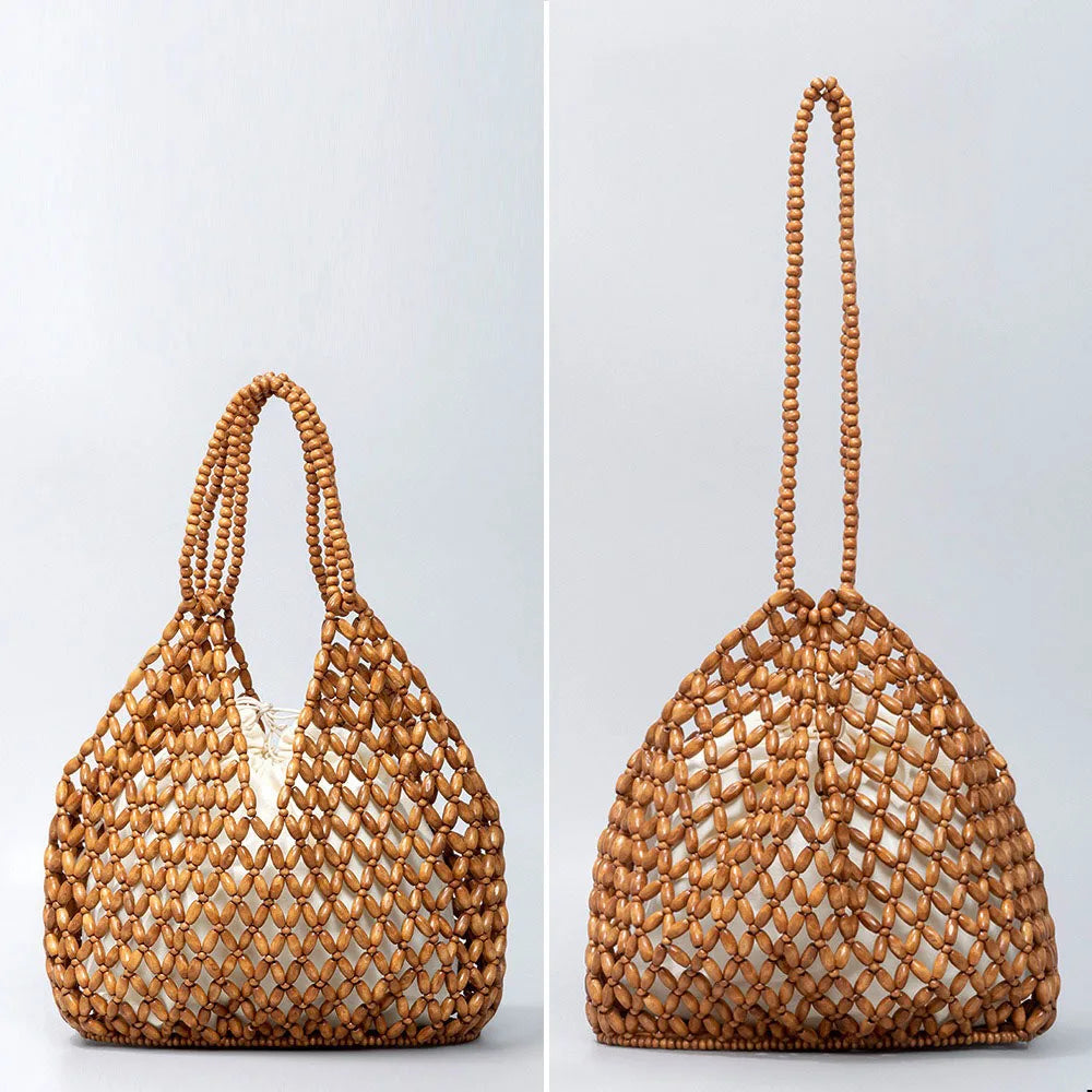 Handmade Woven Beaded Wooden Shoulder Beach Bag for Women