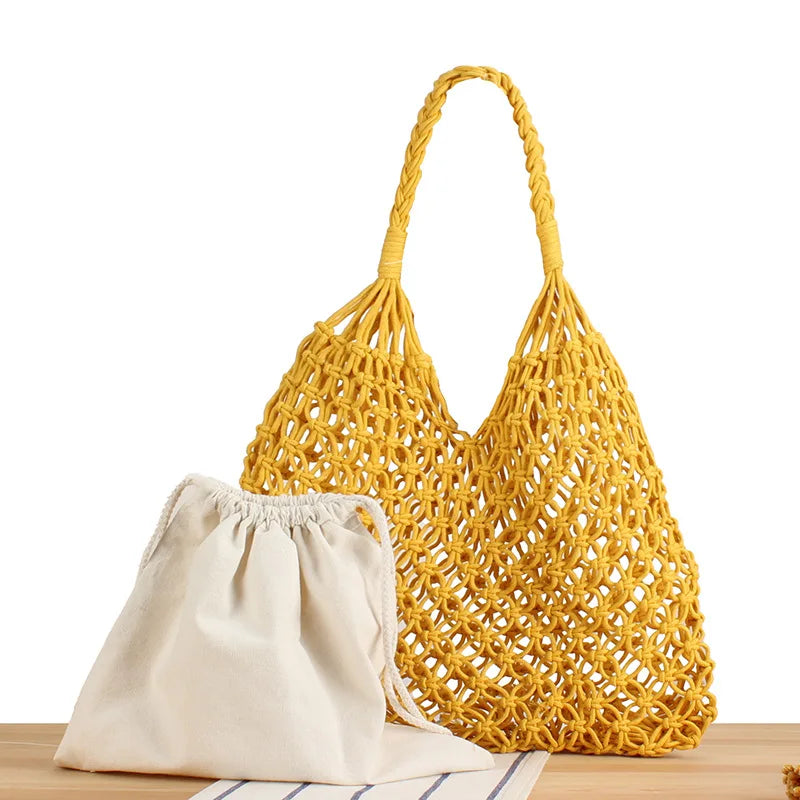 Summer Net Cotton Rope Knitted Bucket Shoulder Beach Bag for Women