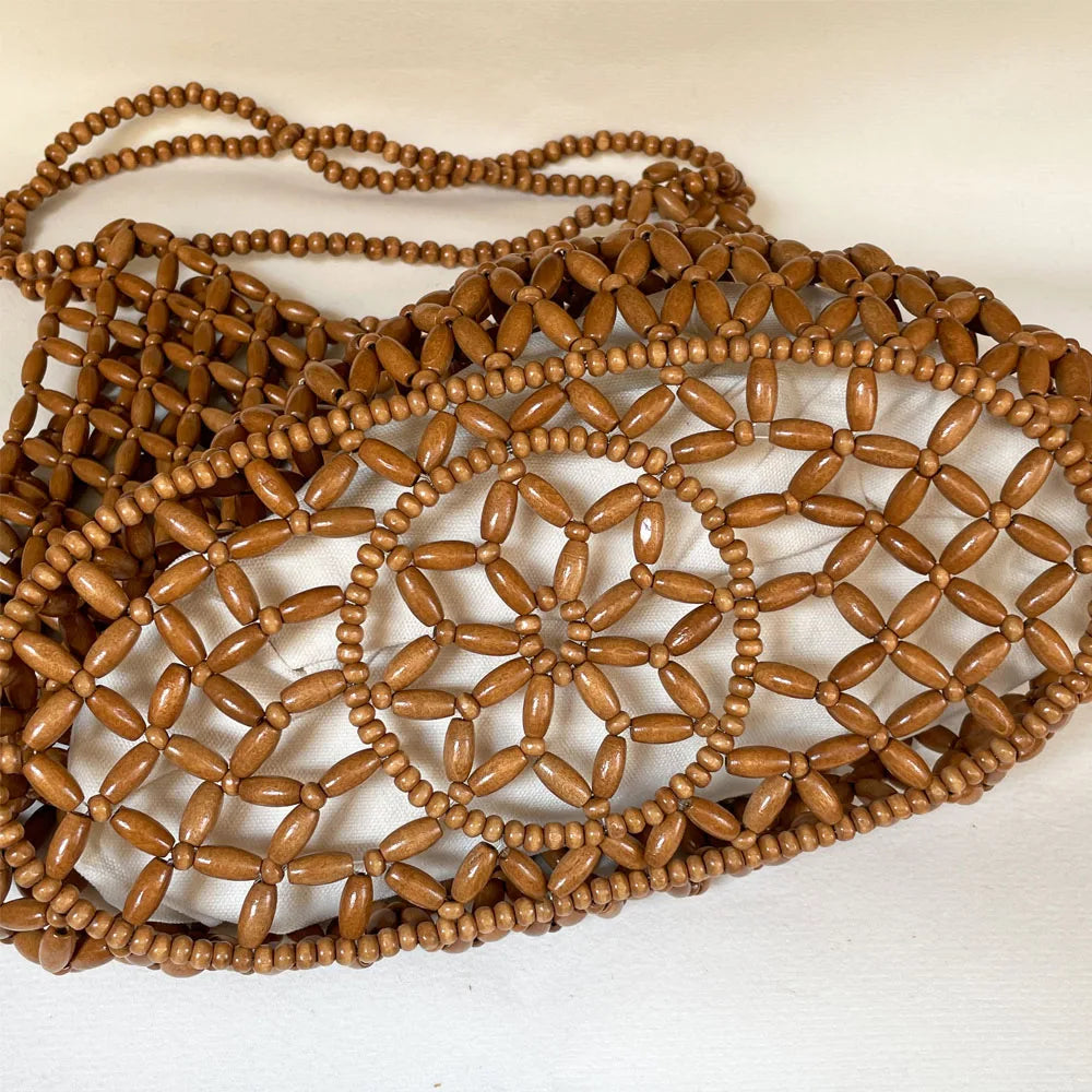 Handmade Woven Beaded Wooden Shoulder Beach Bag for Women