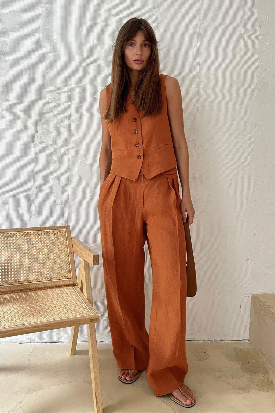 Linen Blend Low-Rise Pants Set With Button Vest