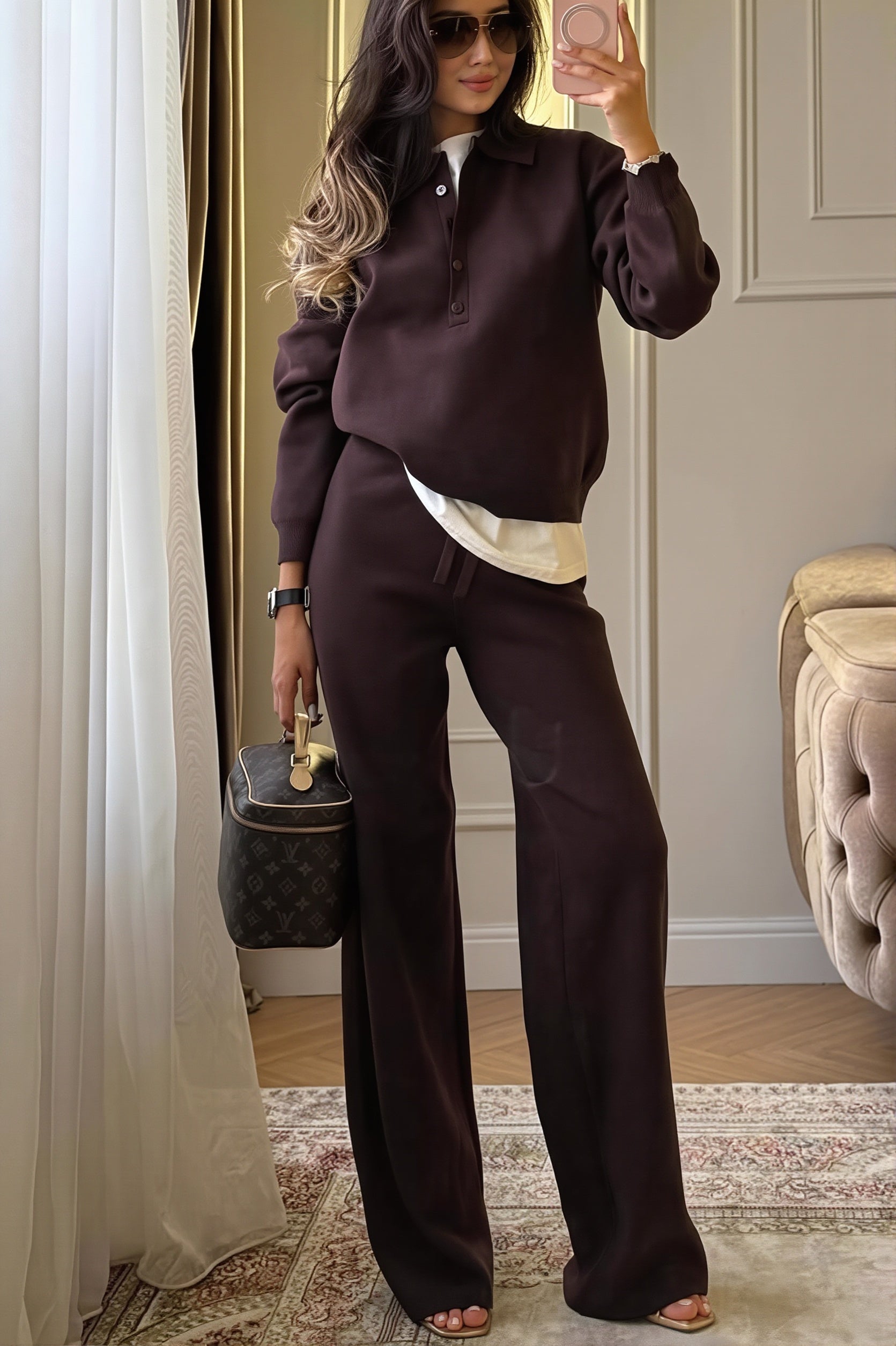 Knit Polo Sweater And Wide Leg Pants Set