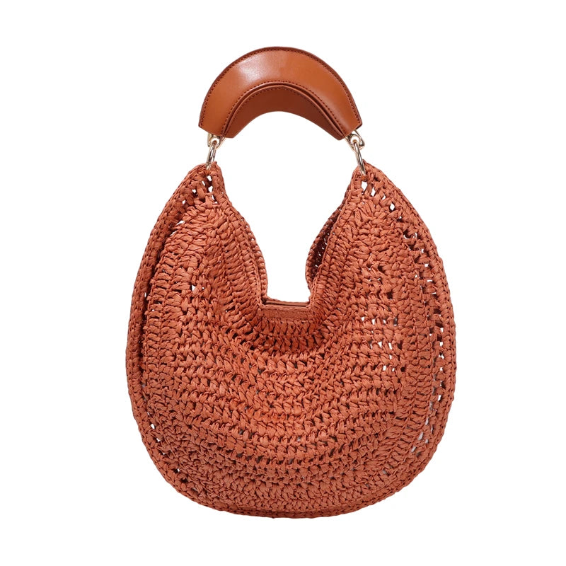 Handwoven Straw Crescent Moon Hobo Tote Bag Women