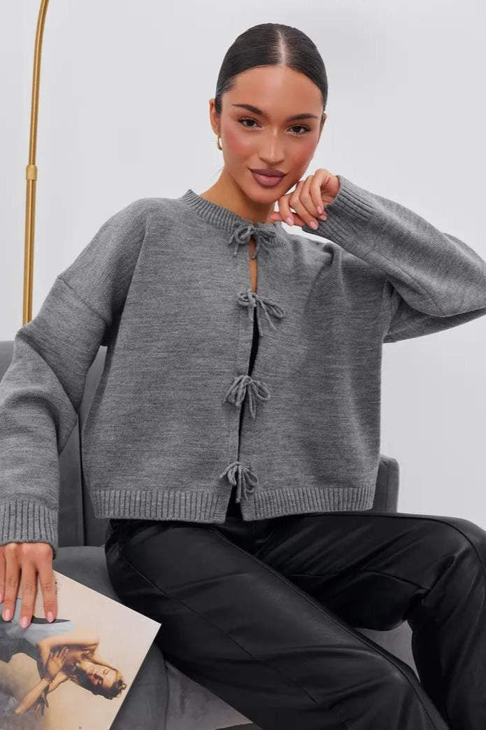 Side view of the tie-front knit cardigan with long sleeves