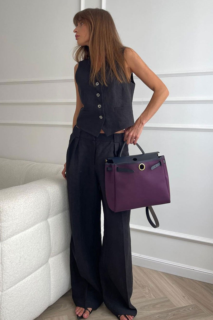 Linen Blend Low-Rise Pants Set With Button Vest