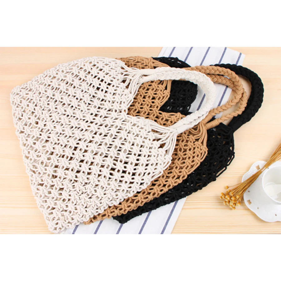 Summer Net Cotton Rope Knitted Bucket Shoulder Beach Bag for Women