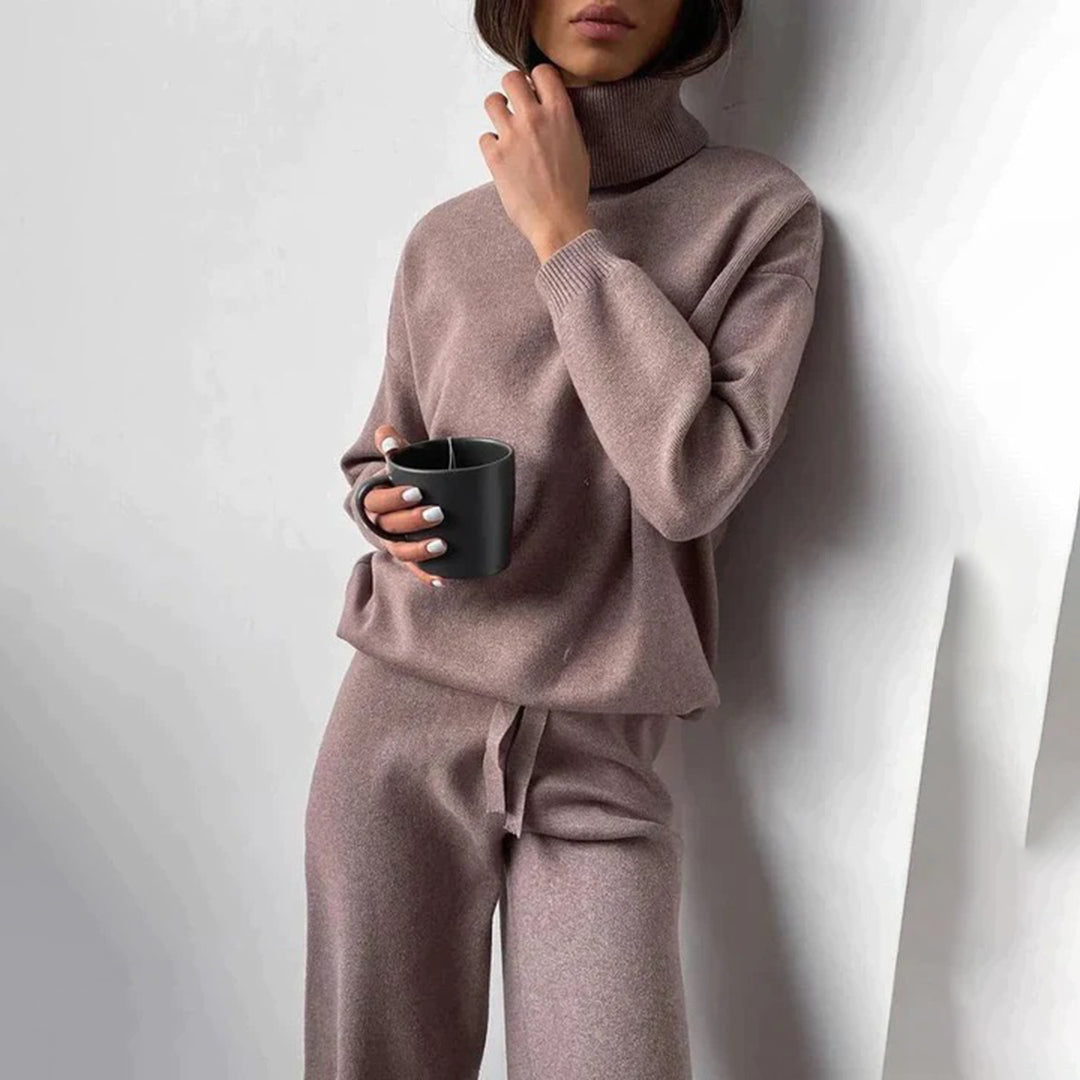 Women's brown knit two-piece set displayed together