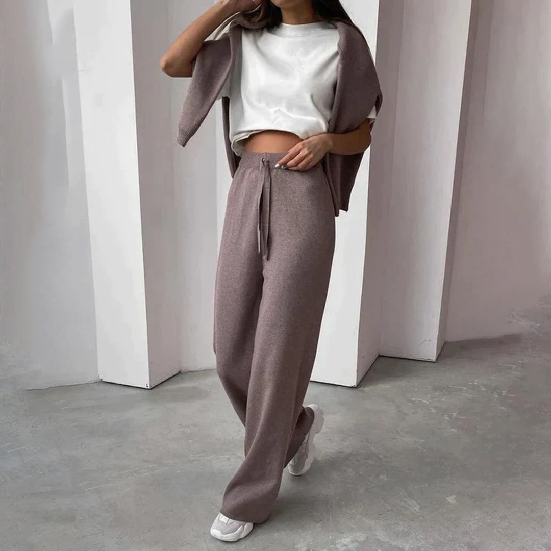 Front view of a women's brown knit two-piece outfit
