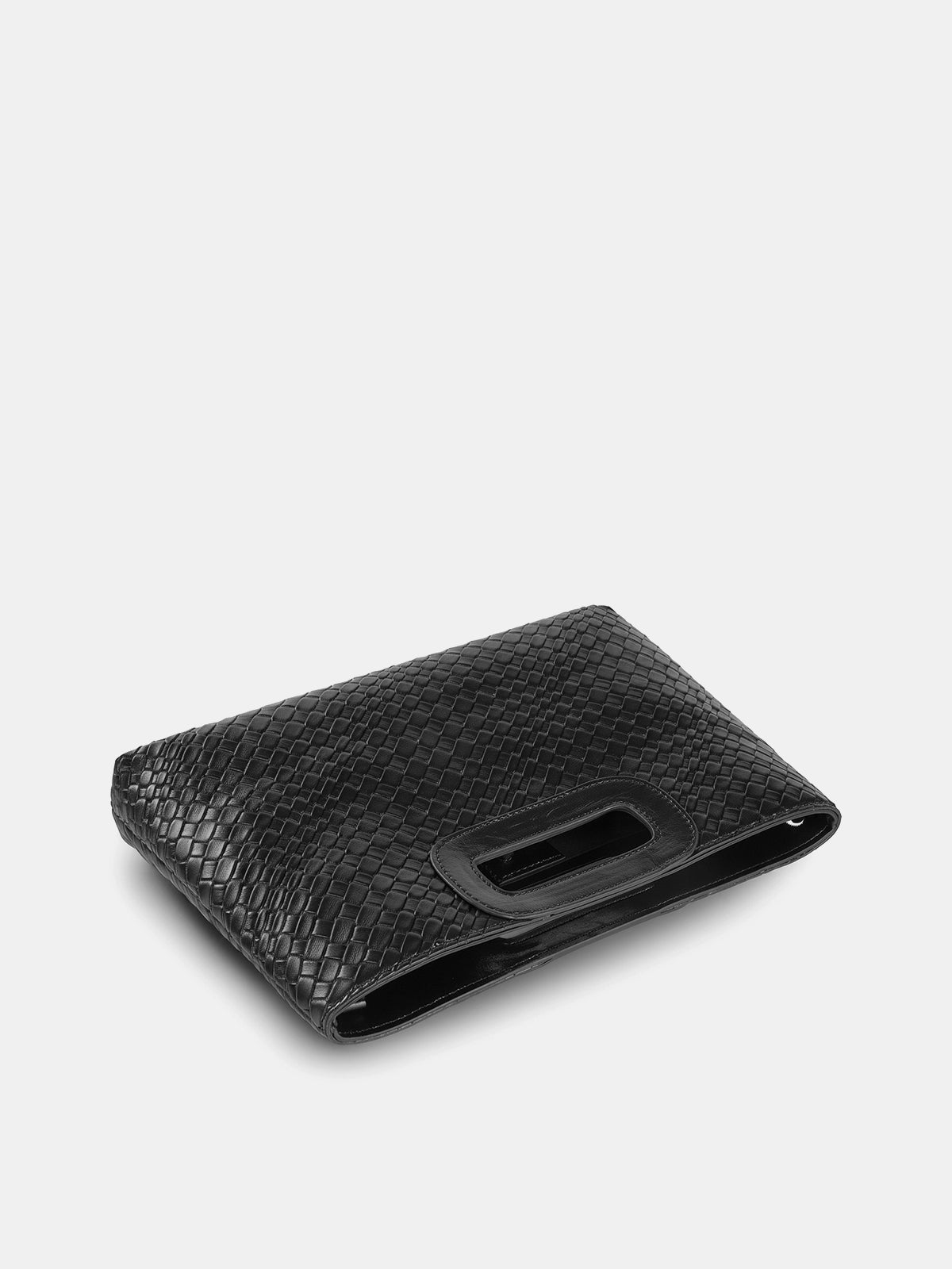 Woven clutch bag shown as a compact handheld purse with cutout handle
