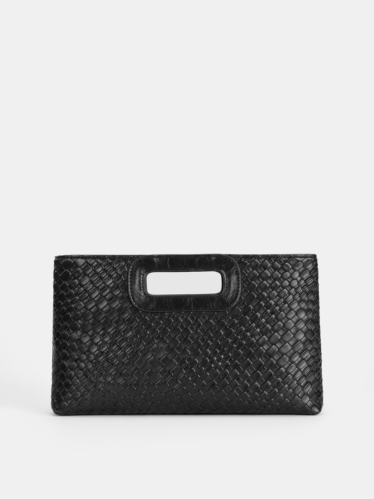 Woven clutch bag with textured finish and cutout handle