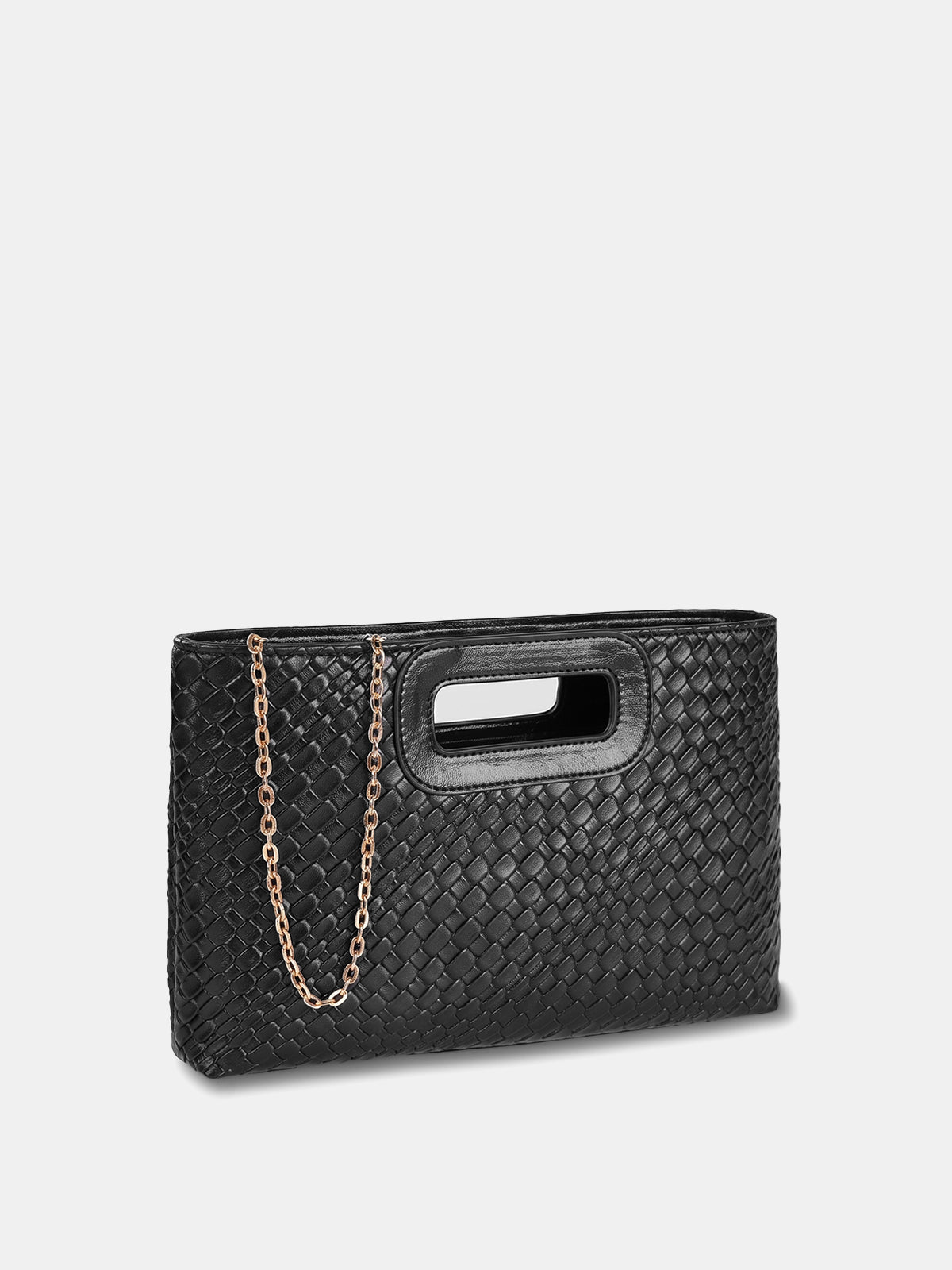Close-up of woven texture on clutch bag with cutout handle