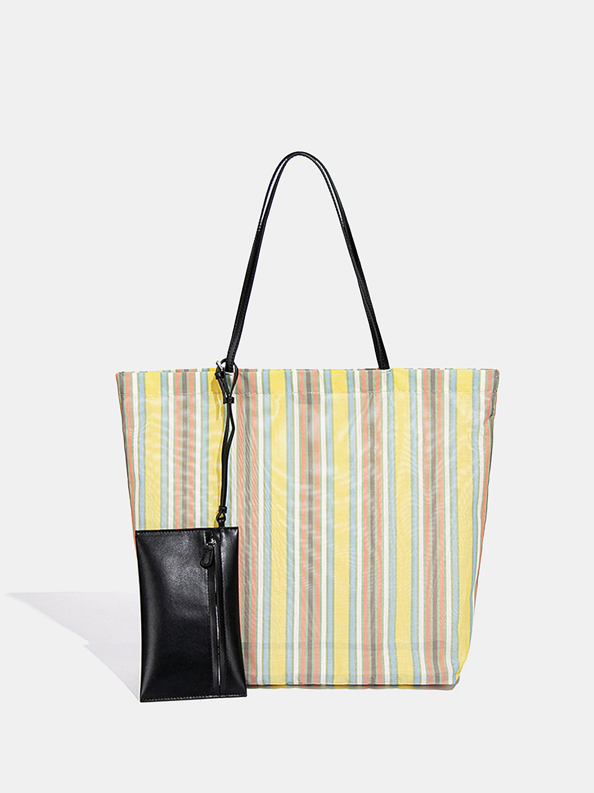 Large rainbow stripe shoulder bag shown from the front with multicolor striped design