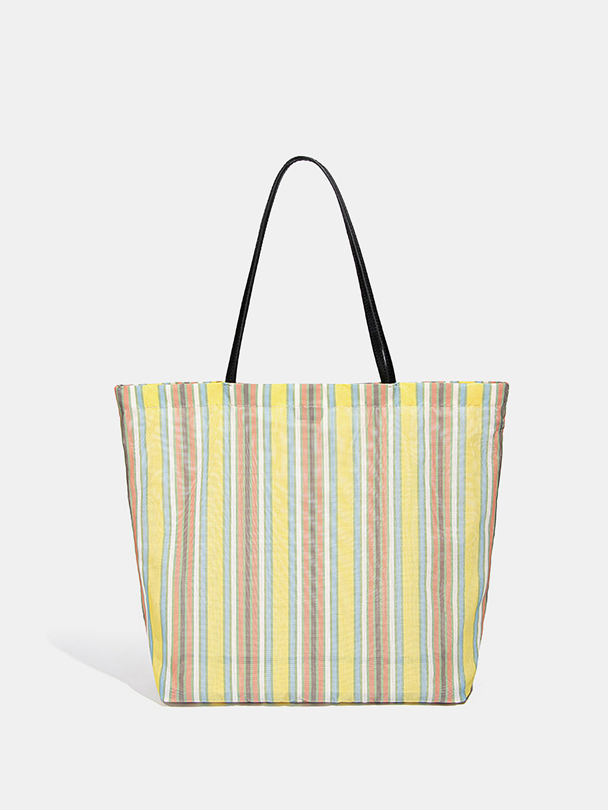 Side view of the large rainbow stripe shoulder bag with bold multicolor pattern