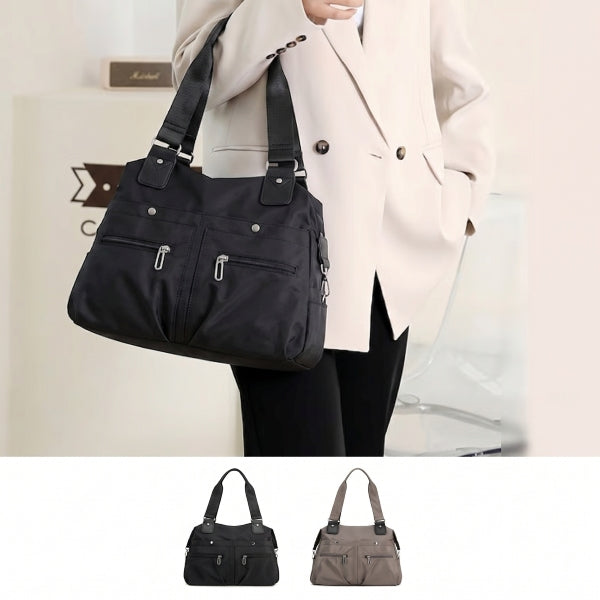 Nylon work tote bag with zip-top closure and multiple storage sections