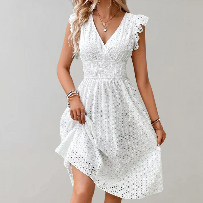 Side view of the women's flutter sleeve midi dress