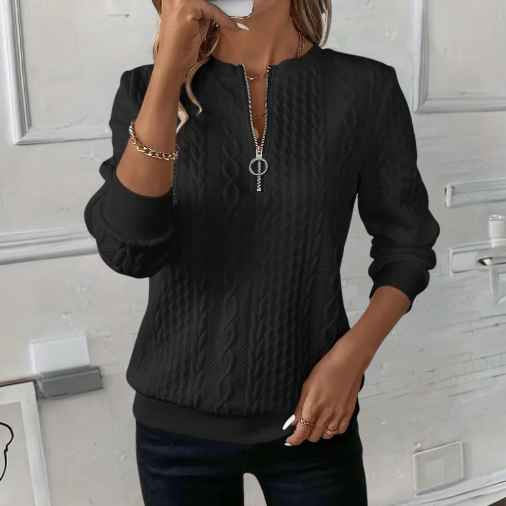 Side view of the women's textured knit sweater