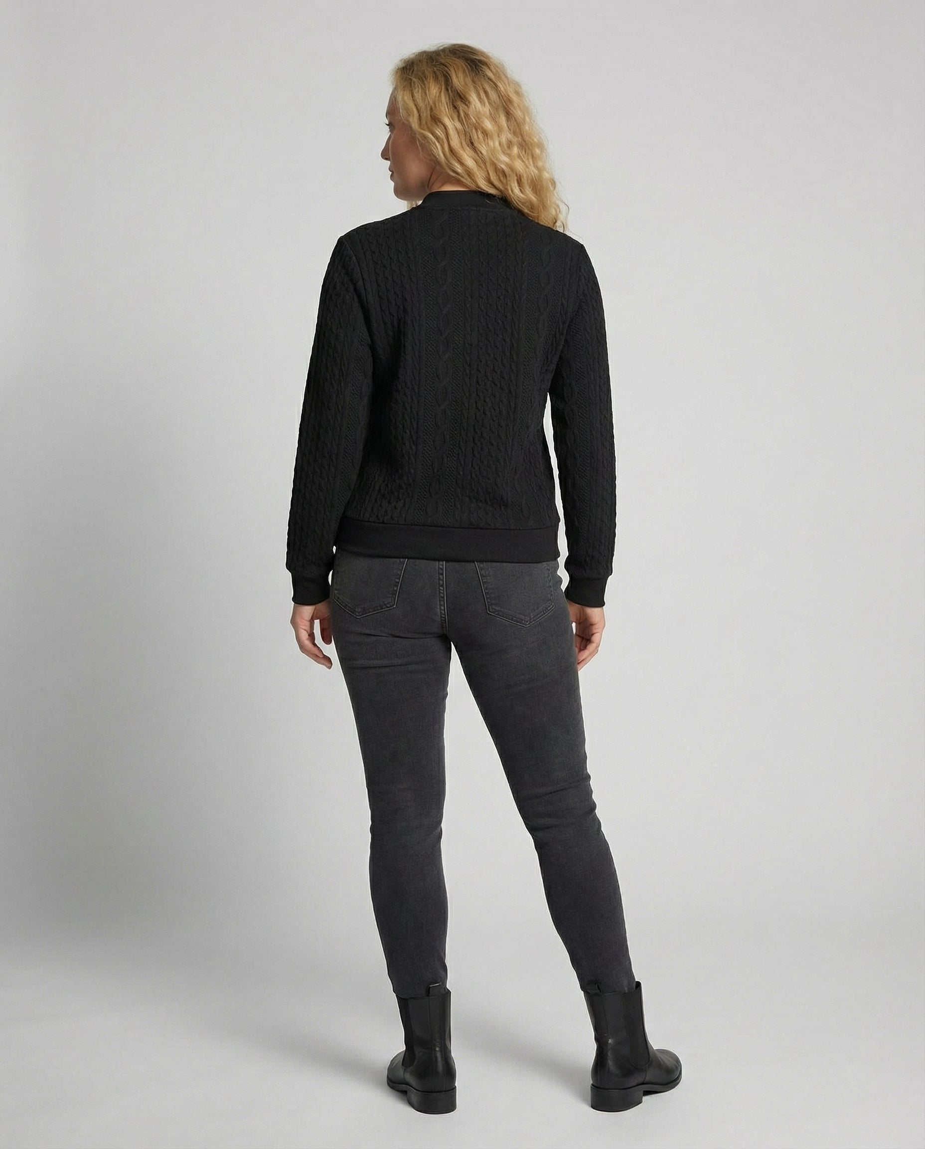 Close-up of the textured knit pattern on the sweater