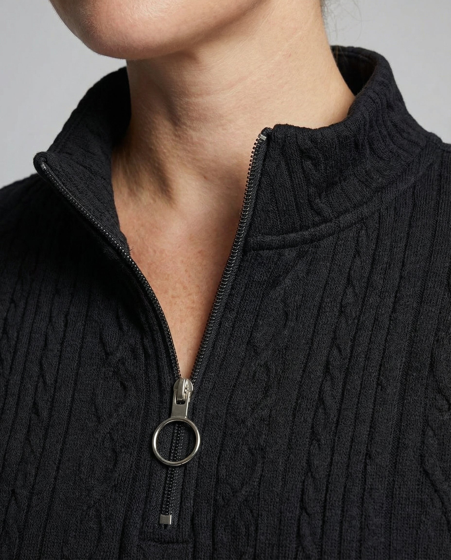 Women's sweater neckline and upper knit detail