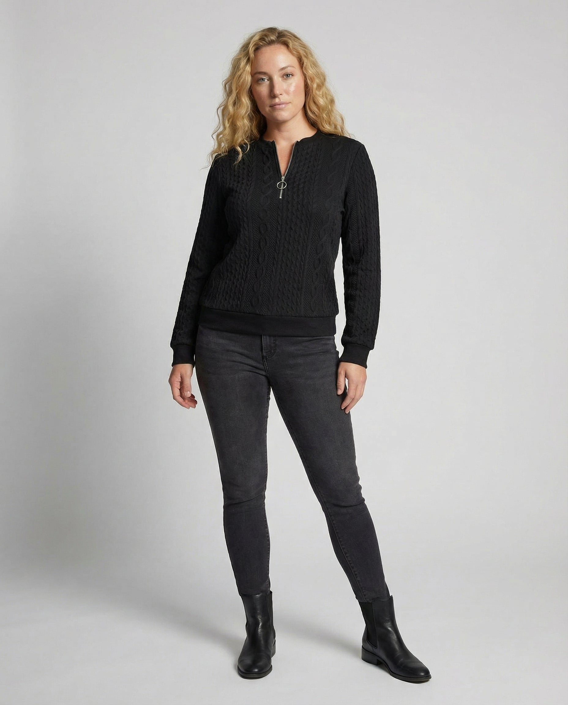 Women's textured knit sweater shown from the back