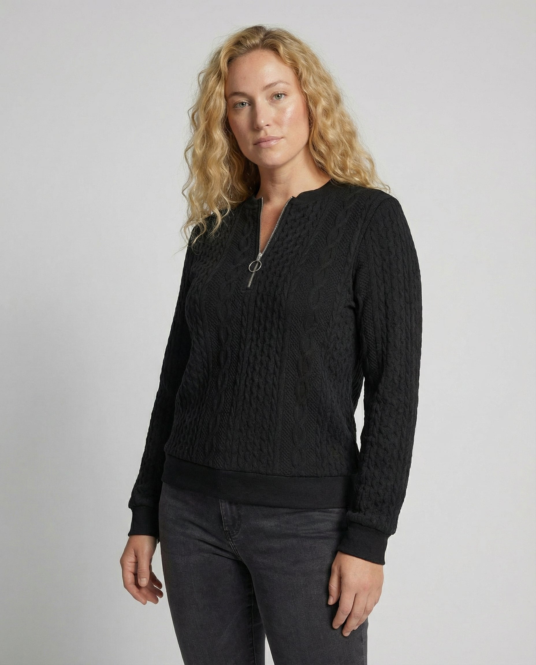 Women's textured knit sweater shown from the front