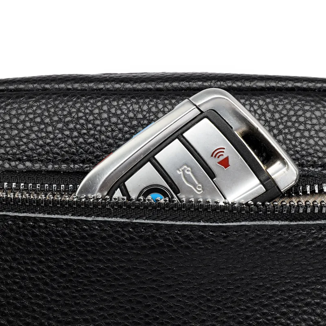 Women's modern leather messenger bag with adjustable strap, full product view