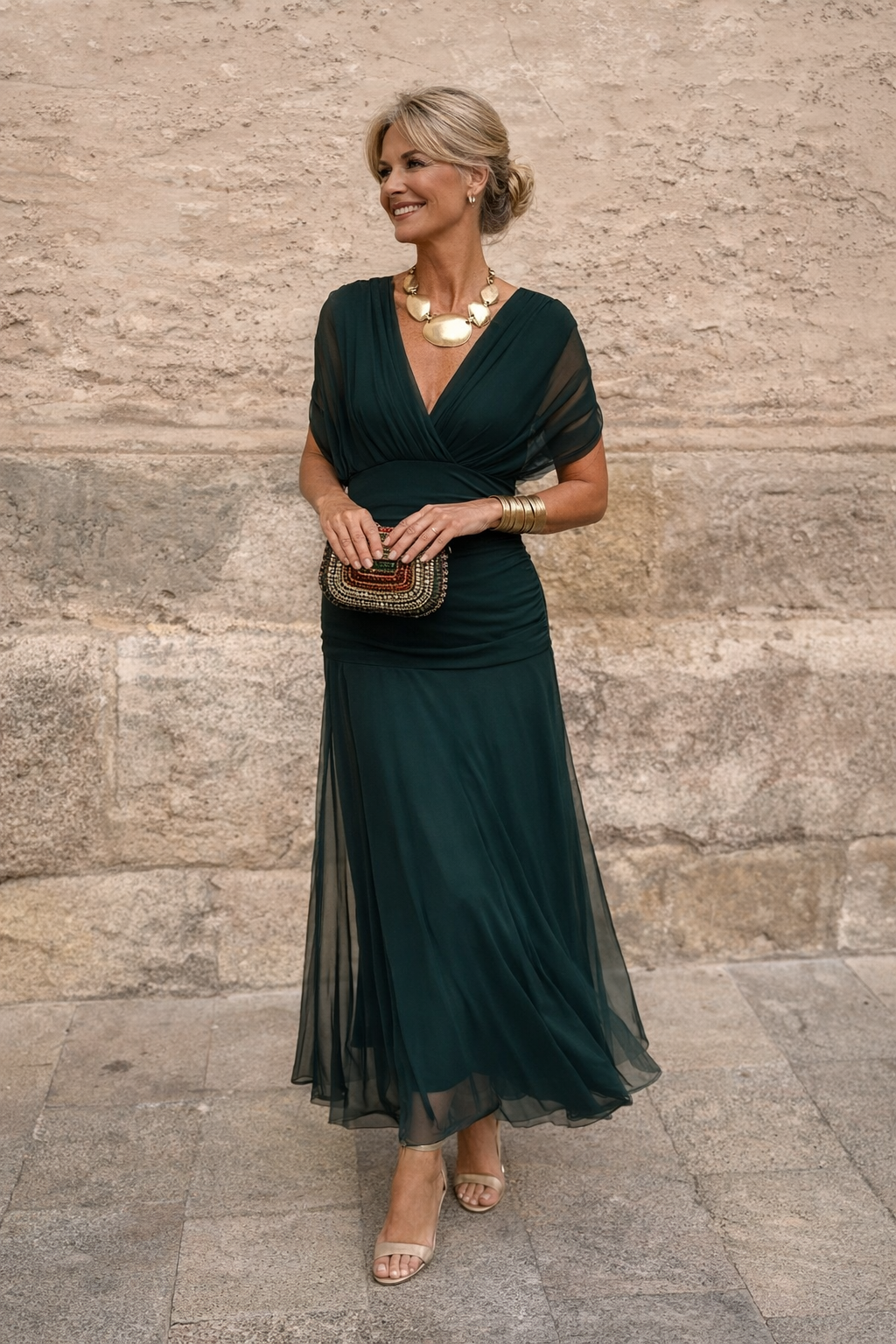Women's elegant V-neck maxi dress shown in a full-length view