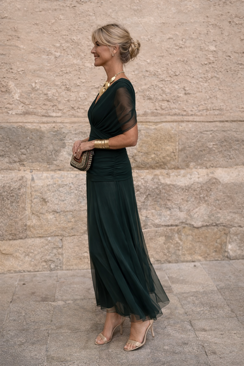 Front view of a women's V-neck maxi dress for special events