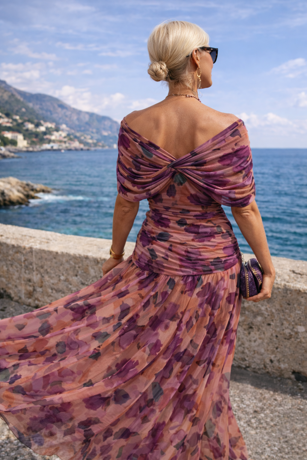Women's maxi dress styled as a polished wedding guest look
