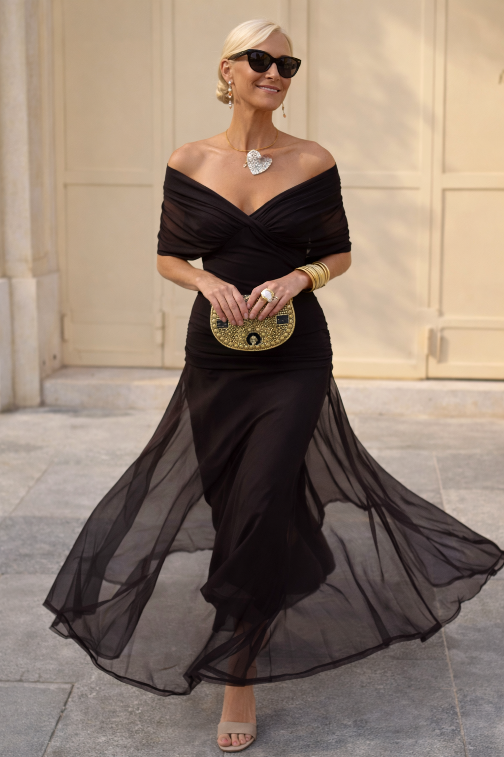 Full view of a sophisticated V-neck dress for special occasions