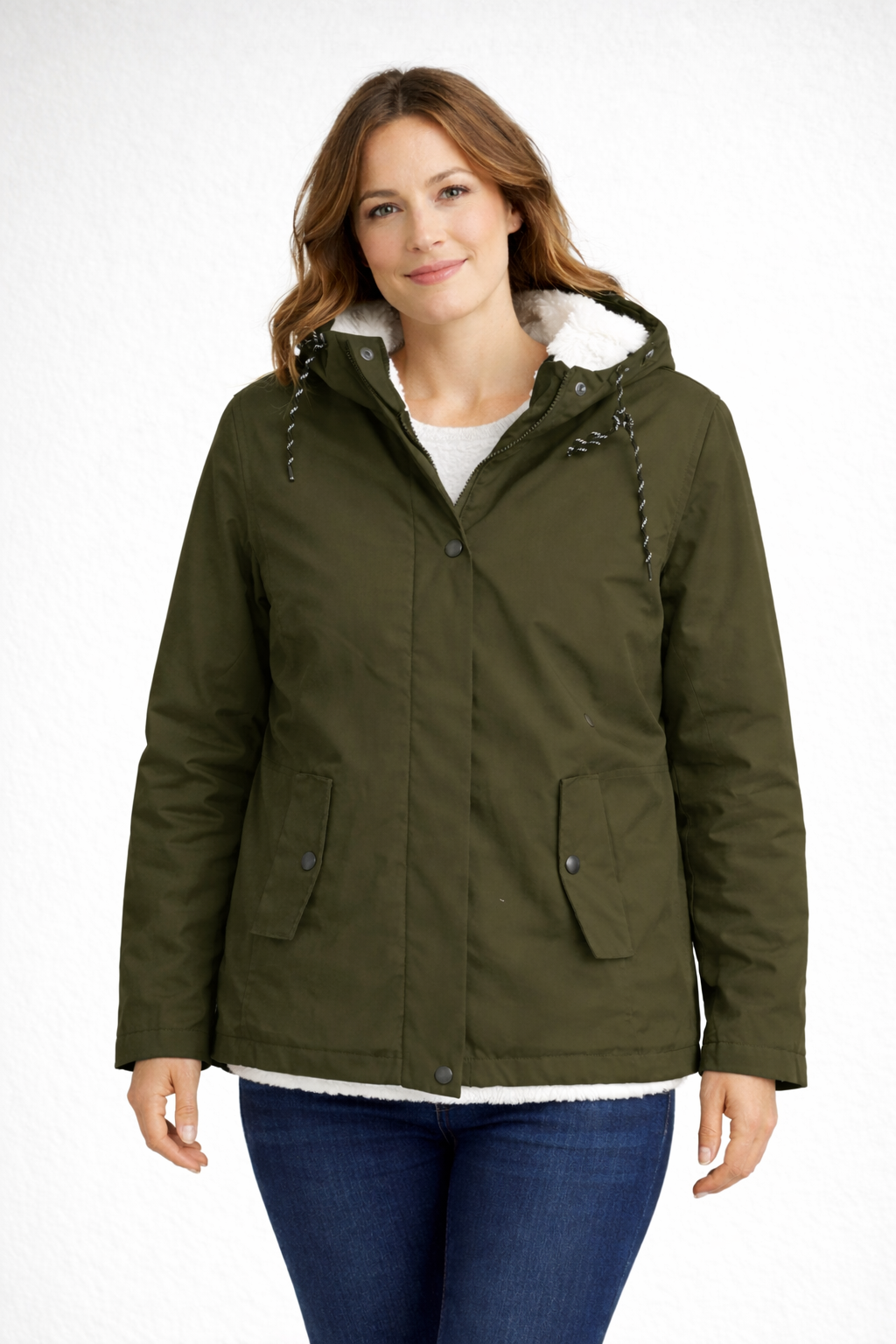 Women's winter jacket showing the front zipper and pockets