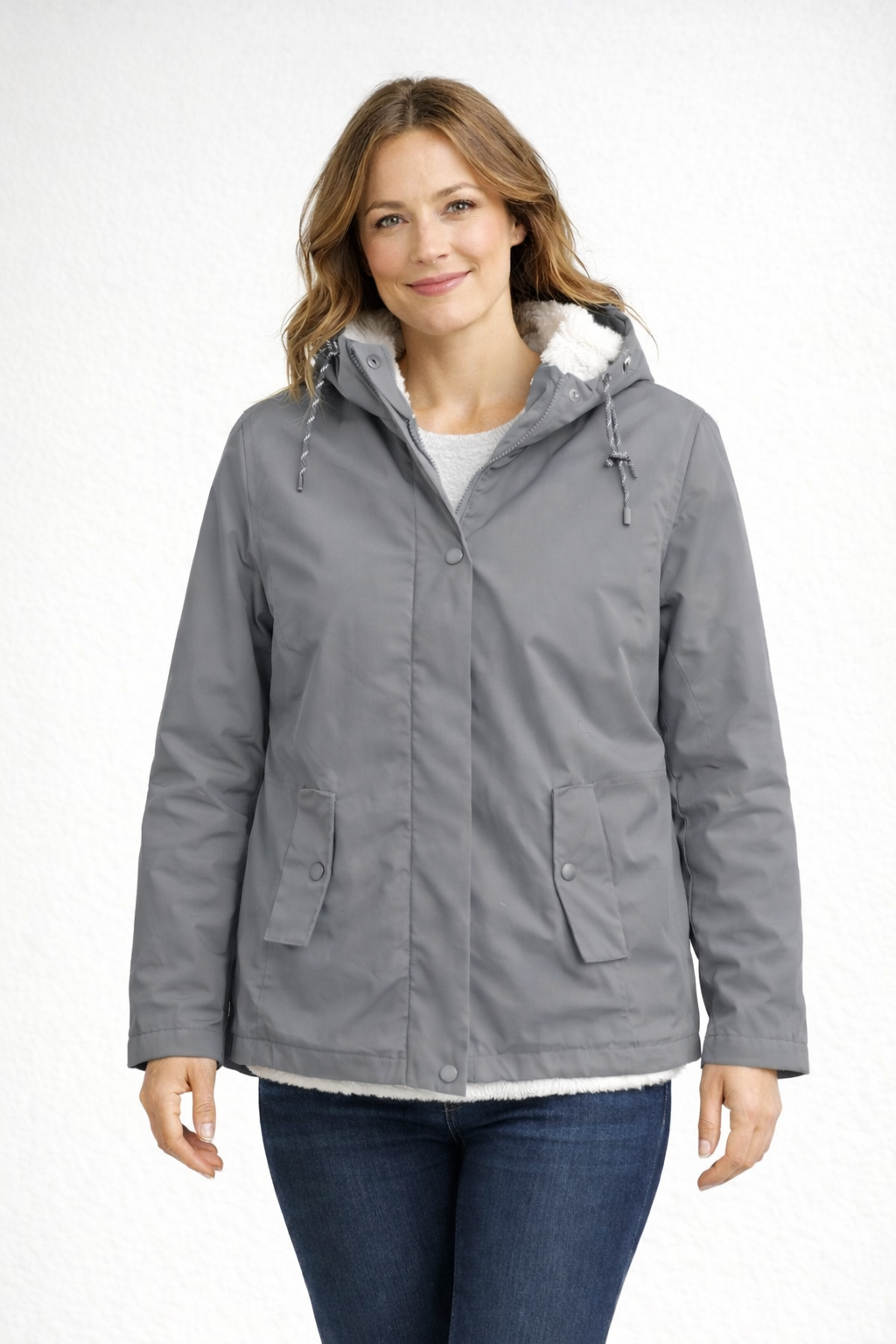 Side view of a hooded fleece-lined women's winter jacket