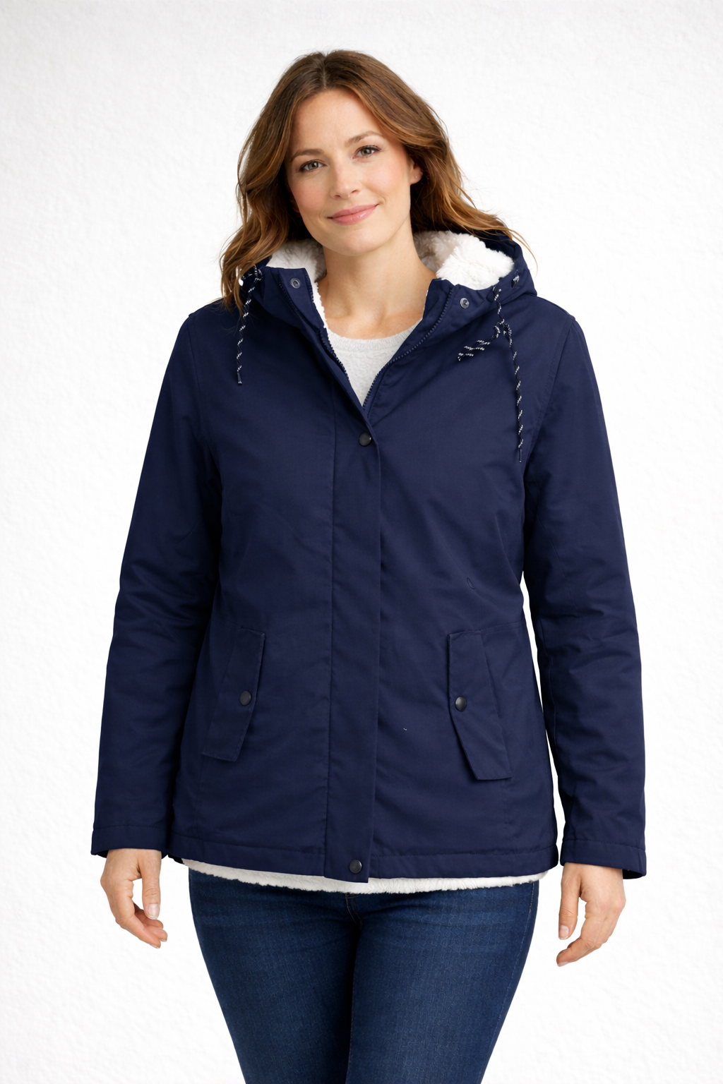 Back view of a women's hooded winter jacket