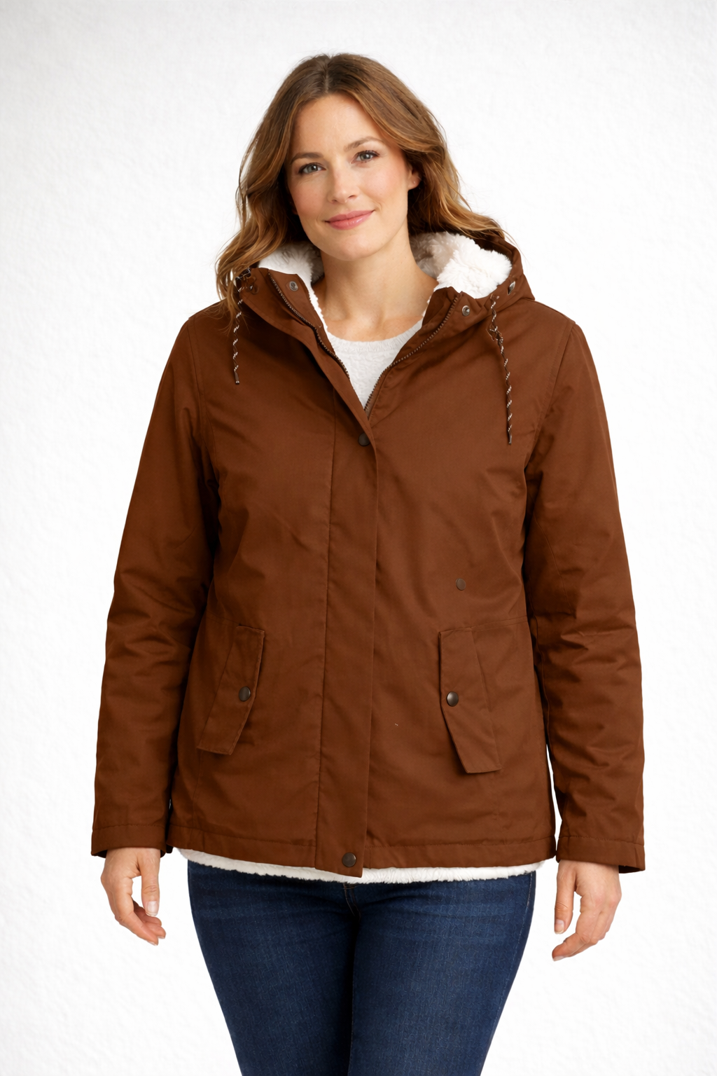 Detail of the soft fleece lining inside a women's winter jacket