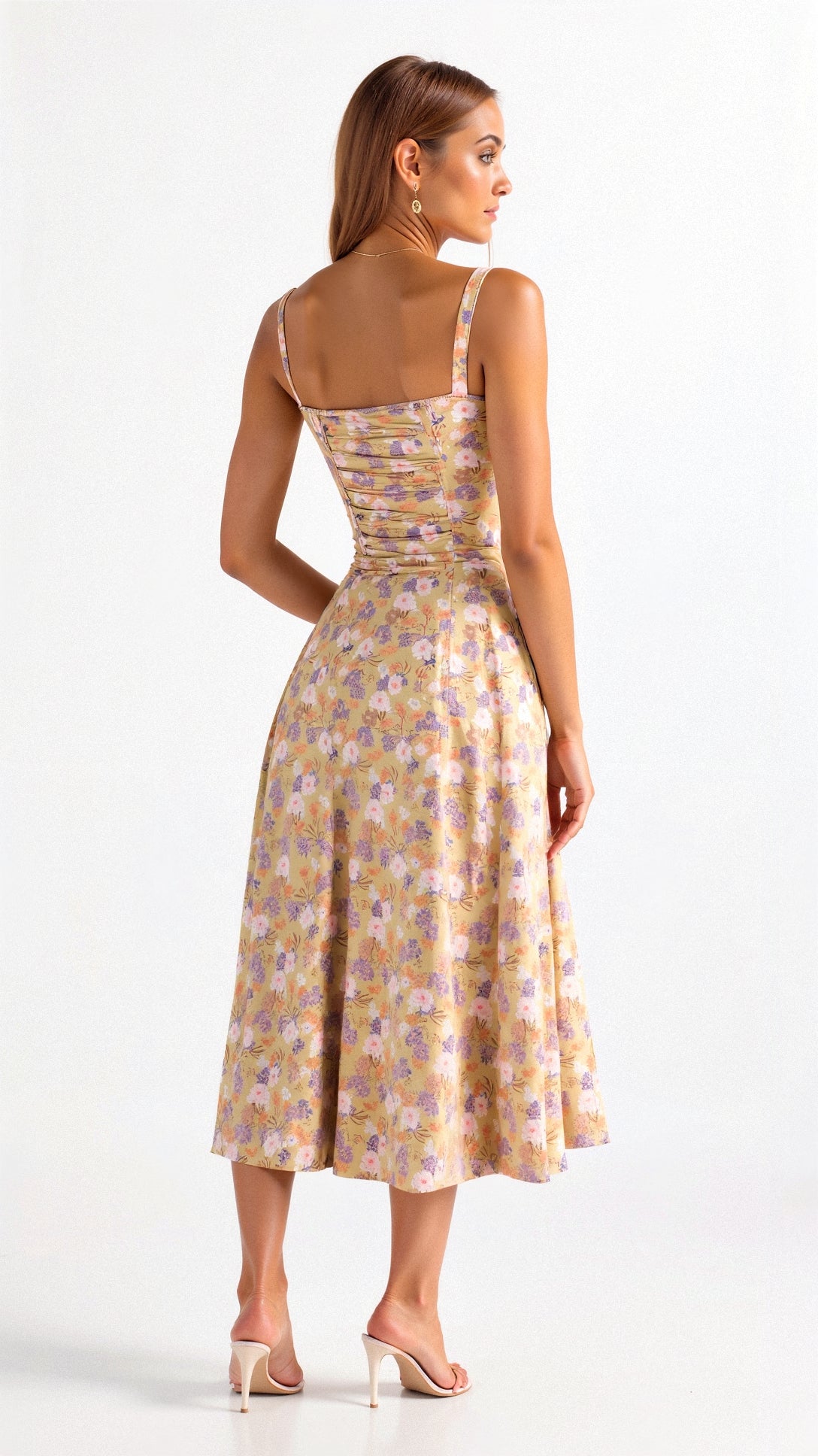 Front view of a women's floral midi dress