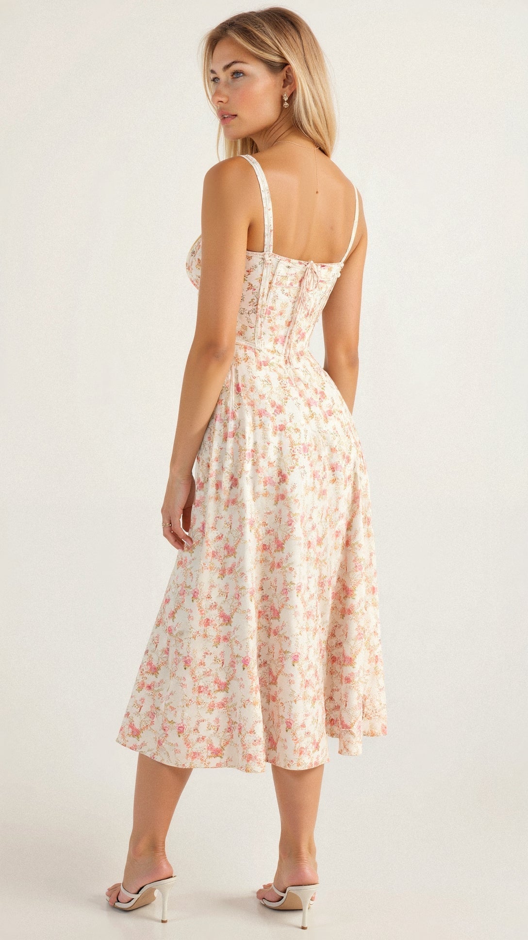 Side view of the women's floral midi dress silhouette