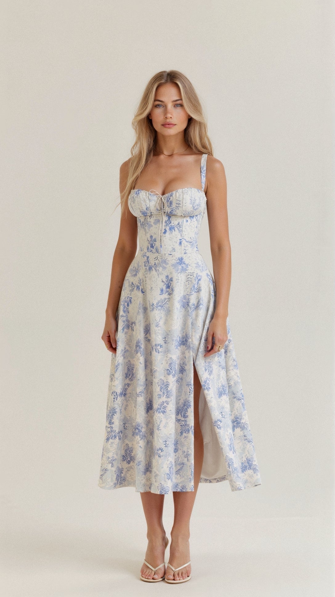 Women's Floral Midi Dress With Corset Bodice